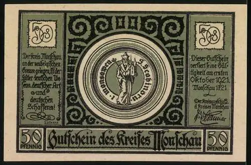 Notgeld Monschau 1921, 50 Pfennig, Karte von Monschau und umliegenden Gebieten, Wappen und Inschrift