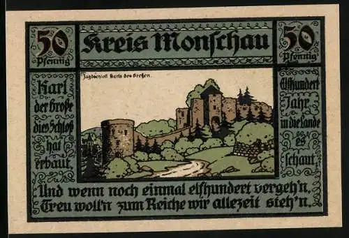 Notgeld Monschau, 1921, 50 Pfennig, Darstellung der Burg und des Kreissiegels