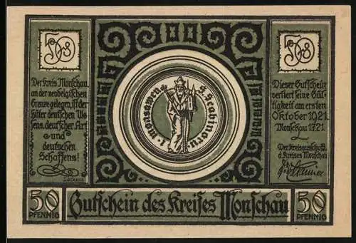 Notgeld Monschau 1921, 50 Pfennig, Gutschein des Kreises Monschau mit Stadtansicht und Texten