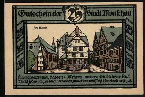 Notgeld Monschau, 1921, 25 Pfennig, Stadtansicht mit alten Häusern und Gassen, Gültigkeit bis 1. Januar 1922