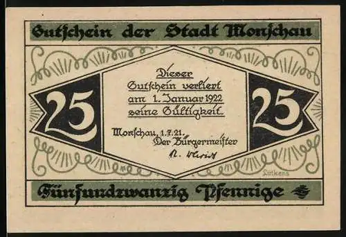 Notgeld Monschau, 1921, 25 Pfennig, Gutschein der Stadt Monschau mit Stadtansicht und Burg, gültig bis 1. Januar 1922