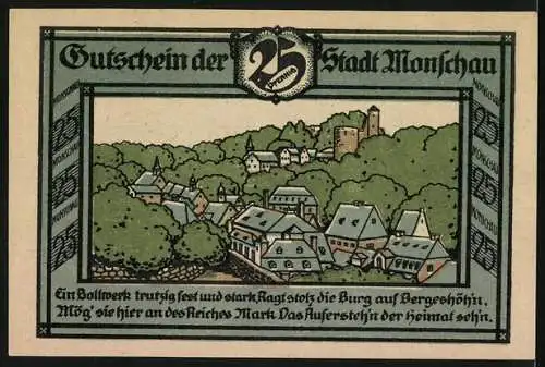 Notgeld Monschau, 1921, 25 Pfennig, Gutschein der Stadt Monschau mit Stadtansicht und Burg, gültig bis 1. Januar 1922