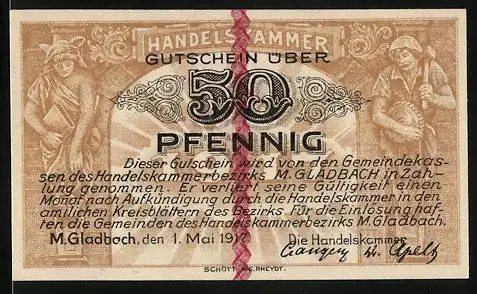 Notgeld M. Gladbach, 1917, 50 Pfennig, Handelskammer Gutschein über, Karte von Gemeinden