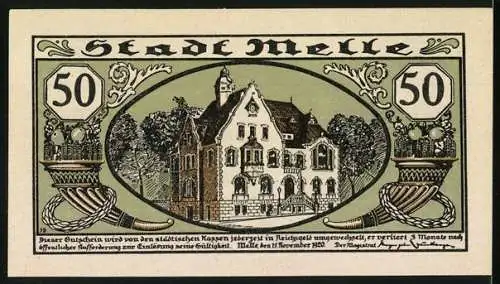 Notgeld Melle, 1920, 50 Pfennig, Stadtwappen und Ernteszene, Gebäude Stadt Melle