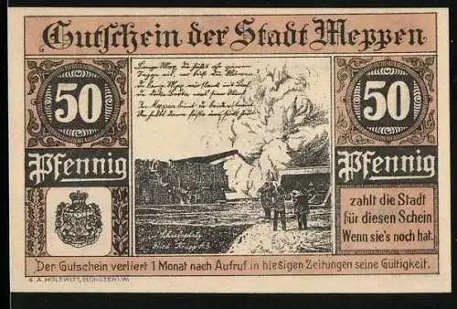 Notgeld Meppen, 1921, 50 Pfennig, Stadtansicht und historisches Ereignis