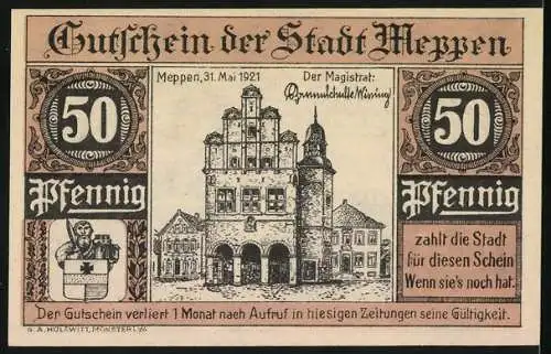 Notgeld Meppen, 1921, 50 Pfennig, Stadtansicht und historisches Ereignis