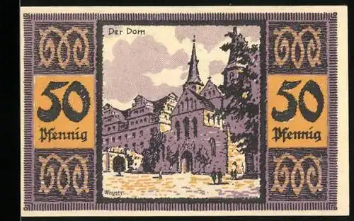 Notgeld Quedlinburg 1921, 50 Pfennig, Darstellung des Doms und eines Rabens mit Schlüssel