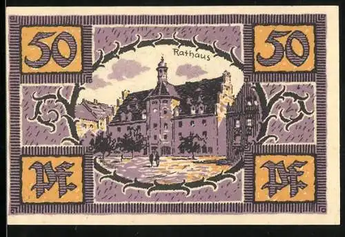 Notgeld Merseburg 1921, 50 Pfennig, Rathaus-Abbildung und Rabe mit Schlüssel