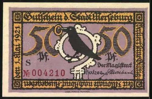 Notgeld Merseburg 1921, 50 Pfennig, Rathaus-Abbildung und Rabe mit Schlüssel