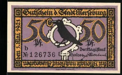 Notgeld Merseburg 1921, 50 Pf, Krähe mit Ring und Schlossansicht