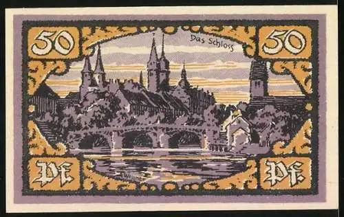 Notgeld Merseburg 1921, 50 Pf, Krähe mit Ring und Schlossansicht