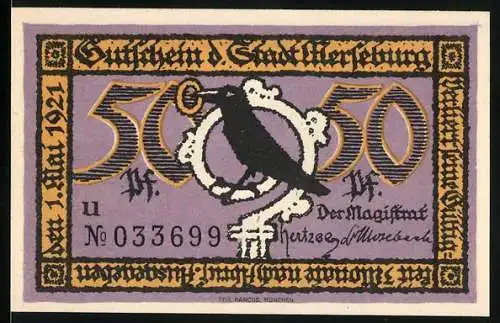 Notgeld Merseburg 1921, 50 Pfennig, lila Schein mit Vogel und Stadtansicht