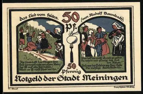 Notgeld Meiningen, 1921, 50 Pfennig, das Lied vom Hütes von Rudolf Baumbach, Seriennummer 391167