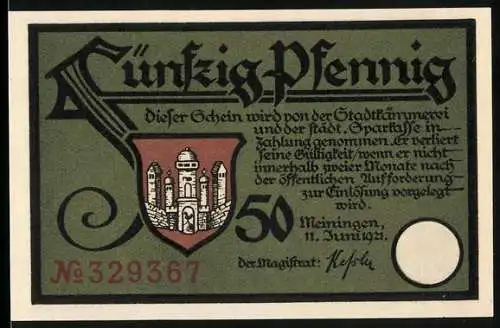 Notgeld Meiningen 1921, 50 Pfennig, Stadtwappen Rückseite Bauernszene und Gedicht