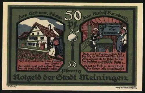 Notgeld Meiningen 1921, 50 Pfennig, Stadtwappen Rückseite Bauernszene und Gedicht