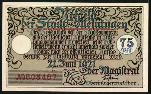 Notgeld Meiningen, 1921, 75 Pfennig, Stadtansicht mit Torbogen und Soldaten, Seriennummer N608467