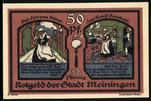 Notgeld Meiningen, 1921, 50 Pfennig, Illustration von Frauen bei der Arbeit und Gedicht von Rudolf Baumbach