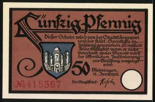 Notgeld Meiningen, 1921, 50 Pfennig, Illustration von Frauen bei der Arbeit und Gedicht von Rudolf Baumbach