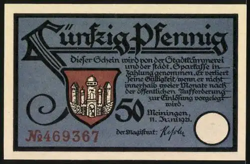 Notgeld Meiningen, 1921, 50 Pfennig, Das Lied vom Hütes, Seriennummer H 469367