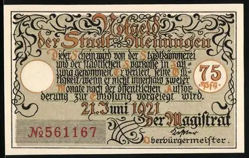 Notgeld Meiningen 1921, 75 Pfennig, Text und Siegel, Alte Marktschule Abbildung