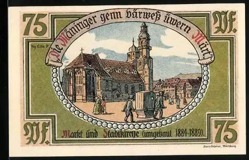 Notgeld Meiningen 1921, 75 Pfennig, Marktplatz mit Stadtkirche und Stempelsignatur des Magistrats