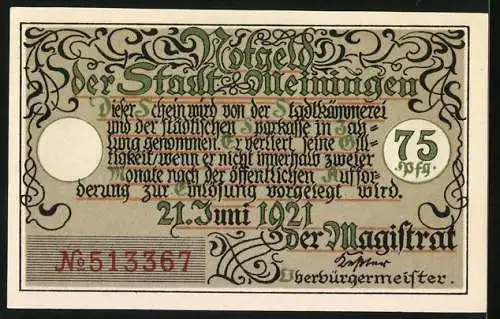 Notgeld Meiningen 1921, 75 Pfennig, Marktplatz mit Stadtkirche und Stempelsignatur des Magistrats