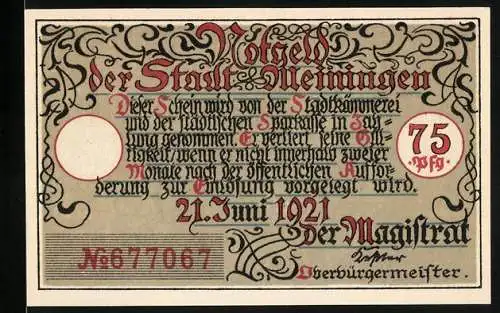 Notgeld Meiningen, 1921, 75 Pfennig, Unteres Tor und Text Rennt is kee Amose