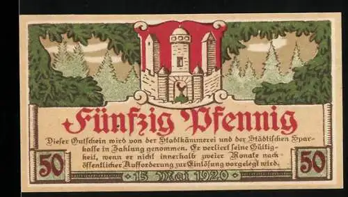 Notgeld Meiningen, 1920, 50 Pfennig, Burg und Stadtgebäude in Kranz