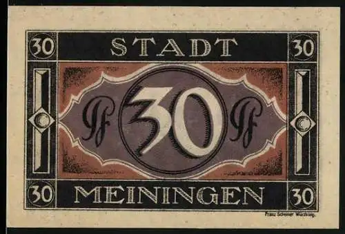 Notgeld Meiningen, 1921, 30 Pf, Stadtwappen und Burgansicht, Gültigkeitshinweis auf Rückseite