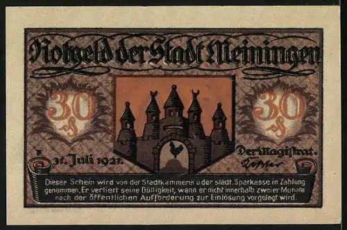 Notgeld Meiningen, 1921, 30 Pf, Stadtwappen und Burgansicht, Gültigkeitshinweis auf Rückseite