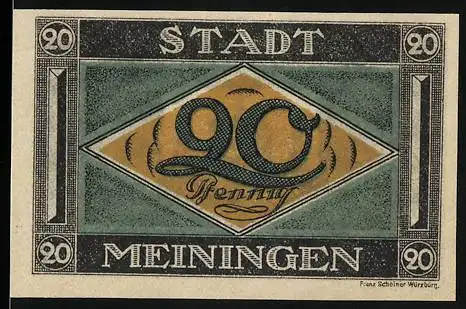 Notgeld Meiningen, 1921, 20 Pfennig, Stadtwappen und Burgmotiv