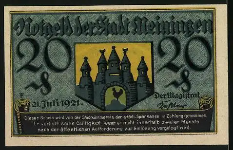 Notgeld Meiningen, 1921, 20 Pfennig, Stadtwappen und Burgmotiv