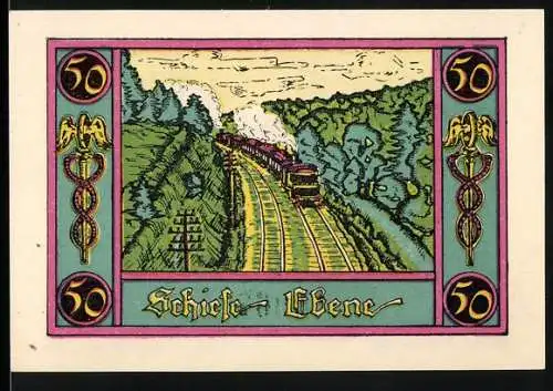 Notgeld Marktschorgast 1921, 50 Pfennig, Zug in hügeliger Landschaft und Wappen mit Blume, Eisenbahn Schiefe Ebene