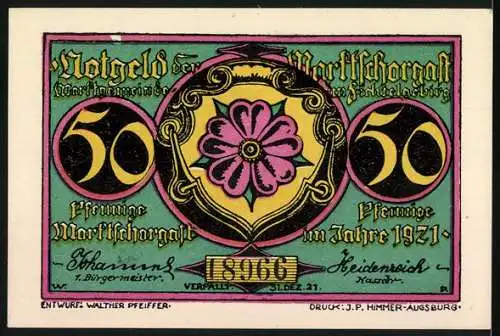 Notgeld Marktschorgast 1921, 50 Pfennig, Zug in hügeliger Landschaft und Wappen mit Blume, Eisenbahn Schiefe Ebene