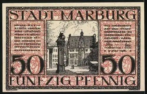 Notgeld Marburg, 1921, 50 Pfennig, Ritter auf Pferd und Stadtansicht mit Brunnen