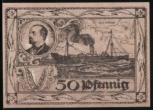 Notgeld Mallmitz, 1921, 50 Pfennig, Schiff Die Möwe und Industrielandschaft