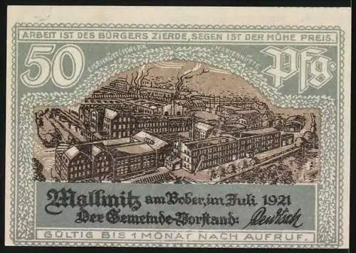 Notgeld Mallmitz, 1921, 50 Pfennig, Schiff Die Möwe und Industrielandschaft