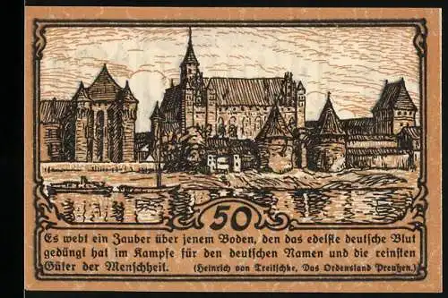 Notgeld Marienburg, 50 Pfennig, Stadtansicht und Zitat von Heinrich von Treitschke