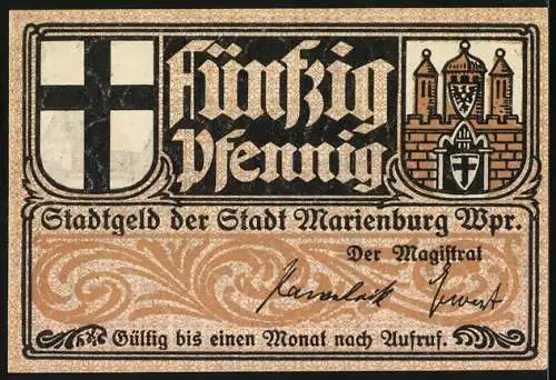 Notgeld Marienburg, 50 Pfennig, Stadtansicht und Zitat von Heinrich von Treitschke