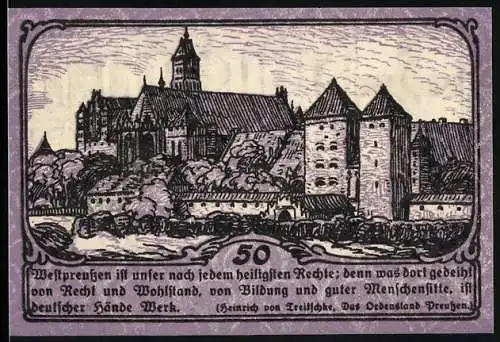 Notgeld Marienburg, 50 Pfennig, Stadtgeld der Stadt Marienburg, Darstellung einer Burg und Heinrich von Treitschke Zitat