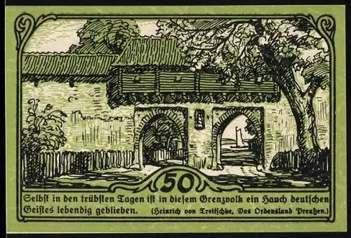 Notgeld Marienburg, 50 Pfennig, Stadtgeld der Stadt Marienburg mit Tor und Zitat von Heinrich von Treitschke