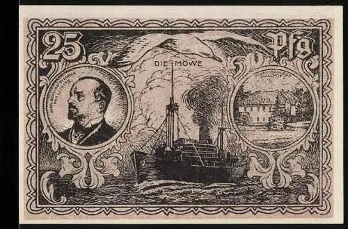 Notgeld Mallmitz 1921, 25 Pf, Portrait, Schiff und Fabrikansicht