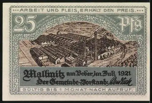 Notgeld Mallmitz 1921, 25 Pf, Portrait, Schiff und Fabrikansicht