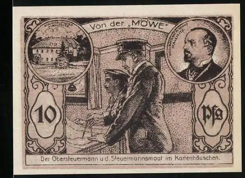 Notgeld Mallmitz, 1921, 10 Pfennig, Steuermann auf der Möwe und Industriewerk Abbildung