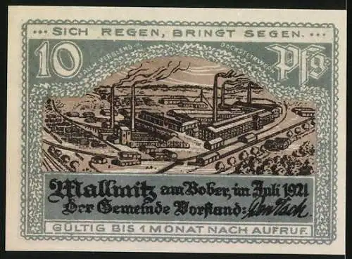 Notgeld Mallmitz, 1921, 10 Pfennig, Steuermann auf der Möwe und Industriewerk Abbildung