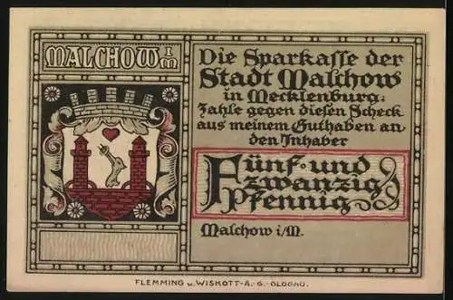 Notgeld Malchow, 1921, 25 Pfennig, Stadtansicht mit Stadtwappen und Text der Sparkasse Malchow