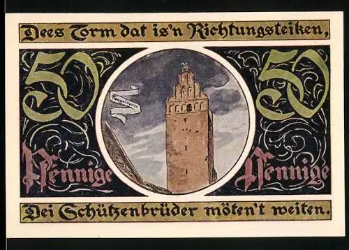 Notgeld Malchin, 1922, 50 Pfennig, Stadtwappen und Kirchturmillustration