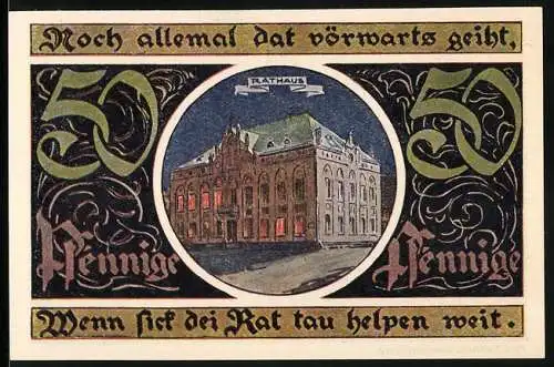 Notgeld Malchin, 1922, 50 Pfennig, Rathaus und Stadtwappen, verliert Gültigkeit am 31. Dezember 1922