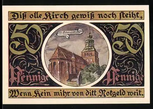 Notgeld Malchin, 1922, 50 Pfennig, St. Johanniskirche und Stadtwappen