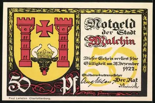 Notgeld Malchin, 1922, 50 Pfennig, St. Johanniskirche und Stadtwappen